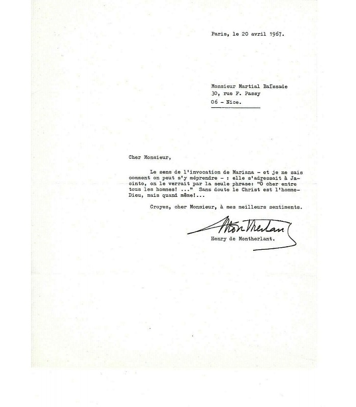 MONTHERLANT Henry de, écrivain. Lettre autographe (G 5334)