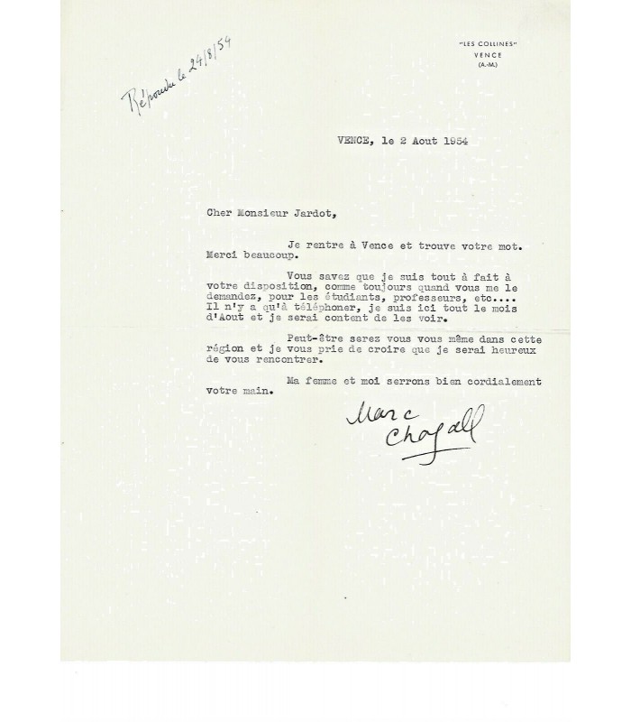 CHAGALL Marc, peintre. Lettre dactylographiée signée (G 5031)