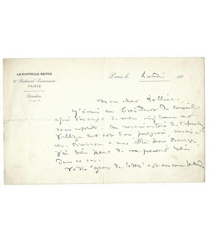 ADAM (Juliette), ecrivaine. 2 lettres autographes à F. Lollié (G 5061)