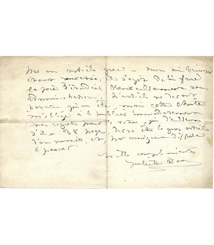 ADAM (Juliette), ecrivaine. 2 lettres autographes à F. Lollié (G 5061)
