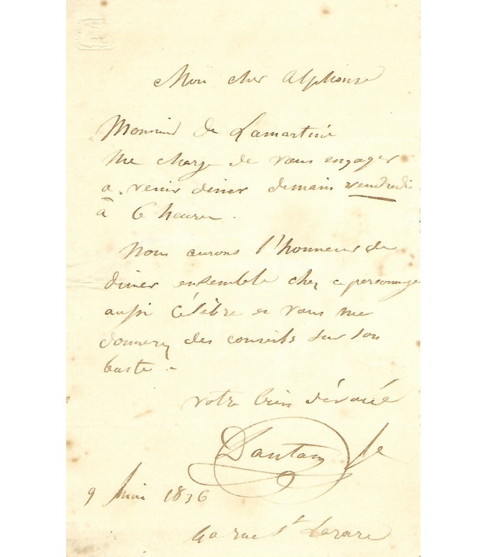 DANTAN Jean-Pierre, sculpteur. Lettre autographe (G 5098)