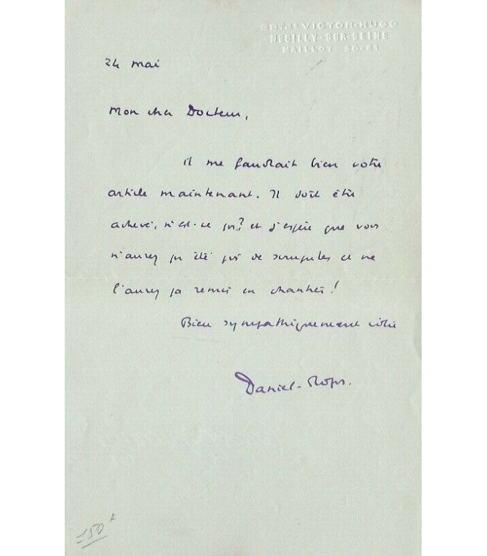 DANIEL-ROPS, écrivain et historien. Lettre autographe (G 5097)