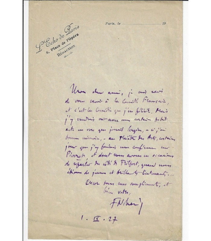 FRANC-NOHAIN, écrivain. Lettre autographe (G 5123)