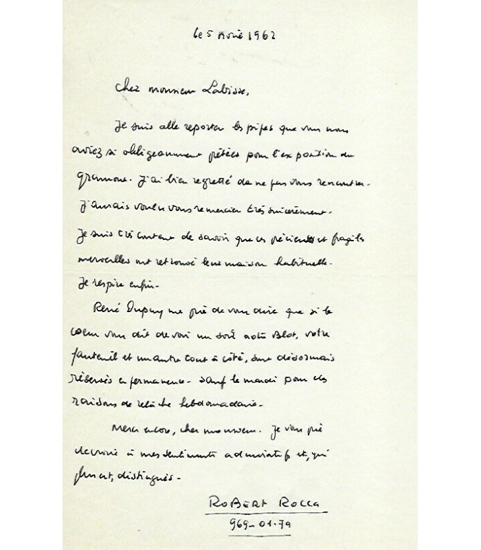 ROCCA Robert, chansonnier. Lettre autographe (G 5200