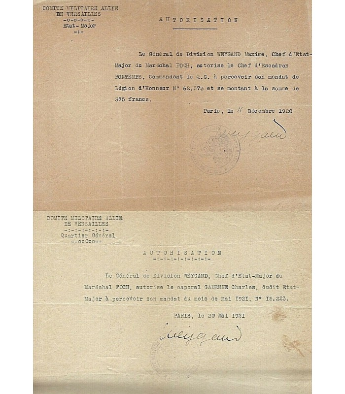 WEYGAND Maxime, officier général. 4 Pièces signées (G 5214)