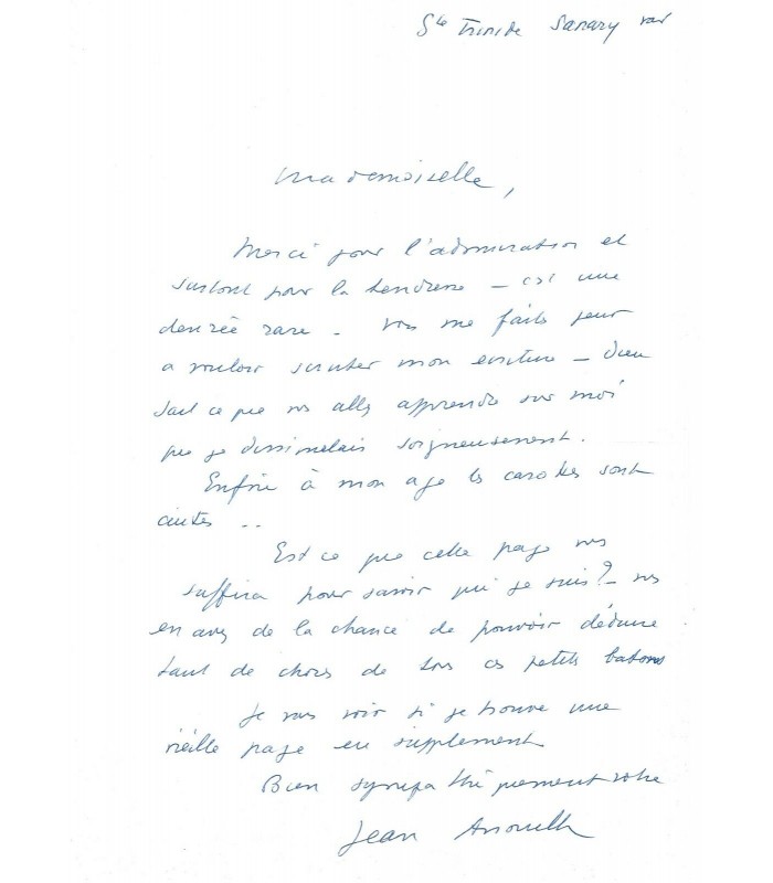 ANOUILH Jean, dramaturge. Manuscrit autographe et Lettre autographe (G 5283)