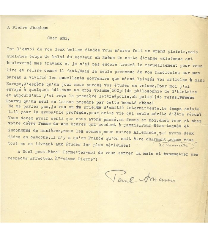 AMANN Paul, écrivain autrichien, traducteur de Romain Rolland. Belle lettre