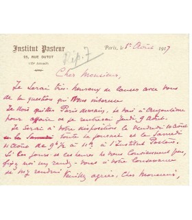 ROUX Emile, bactériologiste. Carte autographe, 1917 (G 1084)