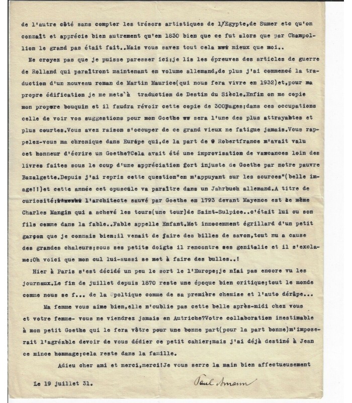 AMANN Paul, écrivain autrichien. Lettre dactylographiée signée (G 1389)