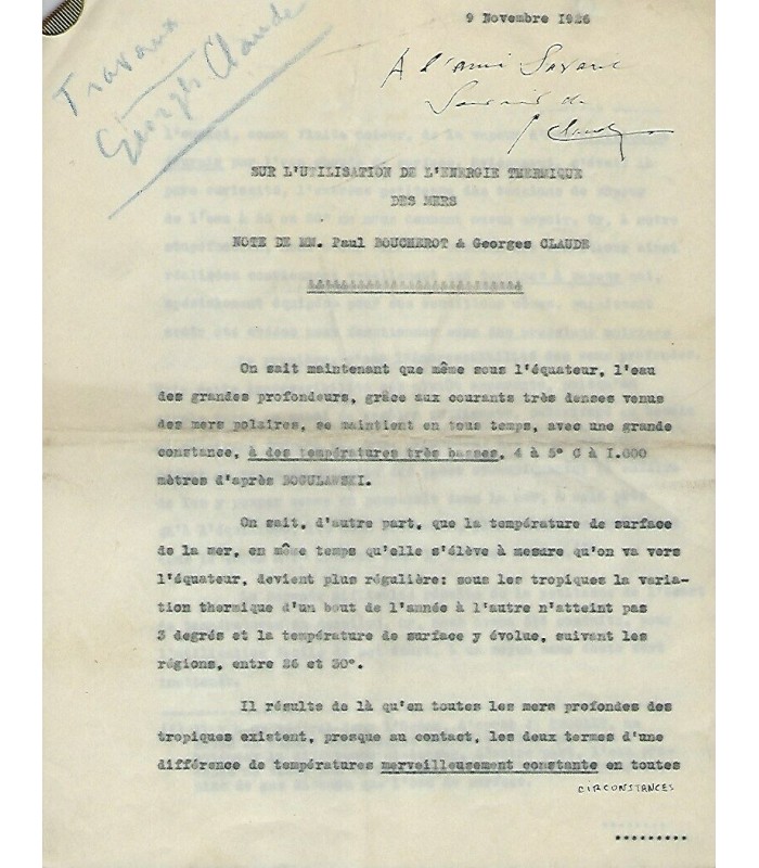 CLAUDE Georges, physicien. Dédicace autographe signée (G 2190)