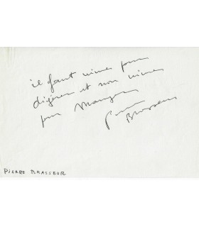 BRASSEUR Pierre, comédien. Billet autographe (G 3241)