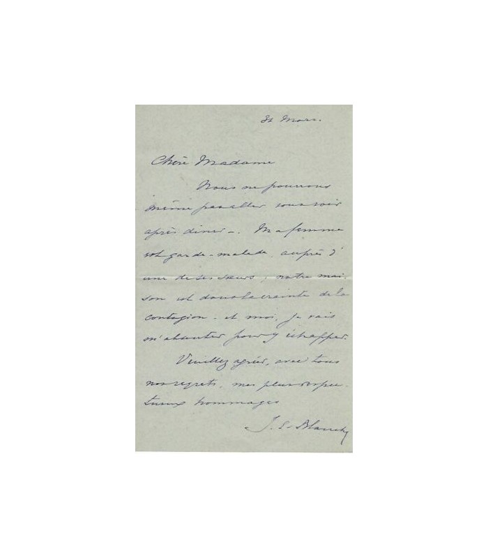BLANCHE Jacques-Emile, peintre. Lettre autographe (G 4064)