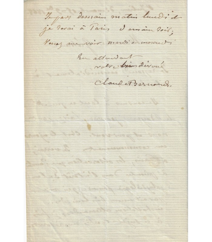 BERNARD (Claude). Médecin, physiologiste. Lettre autographe (Réf. G 3544)