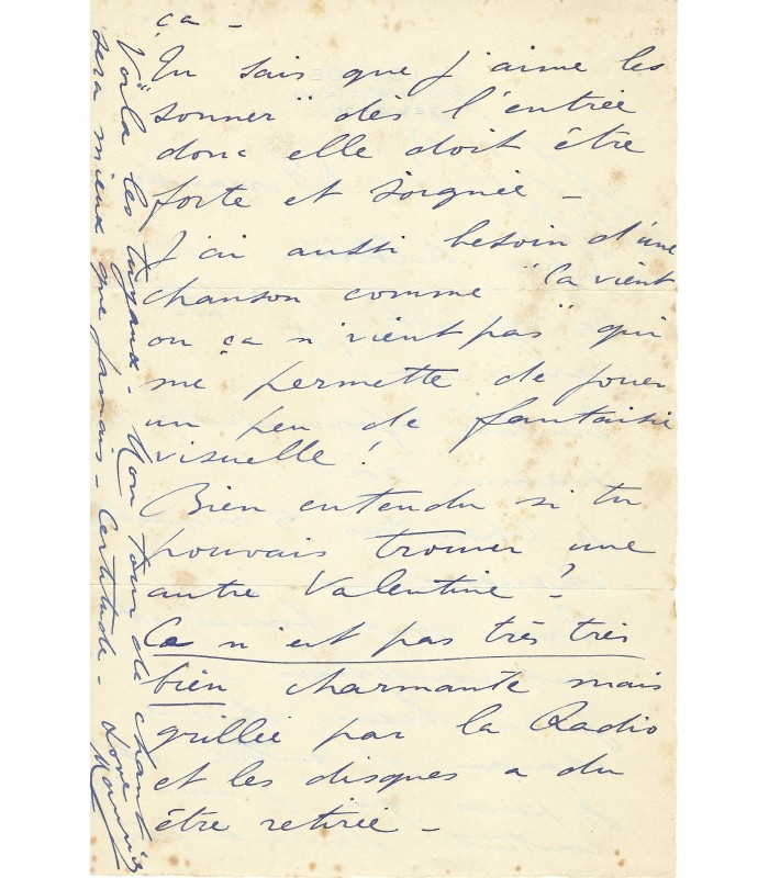 CHEVALIER (Maurice). Chanteur. Lettre autographe (G 329)