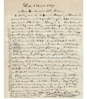 BERTRON LIBERGE DES BOIS (Adolphe). Homme politique. Lettre à Jules Simon (Réf. G 2711)