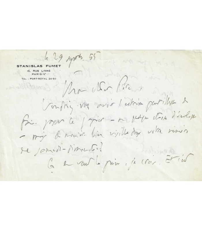 FUMET (Stanislas). Essayiste, poète. 2 lettres (Réf. E 10088)