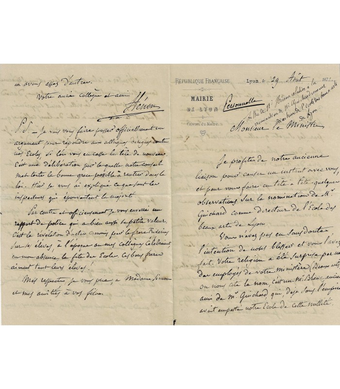 HENON (Jean-Jacques). Médecin botaniste. Député du Rhône. Maire de Lyon. Lettre (Réf. E 10309)