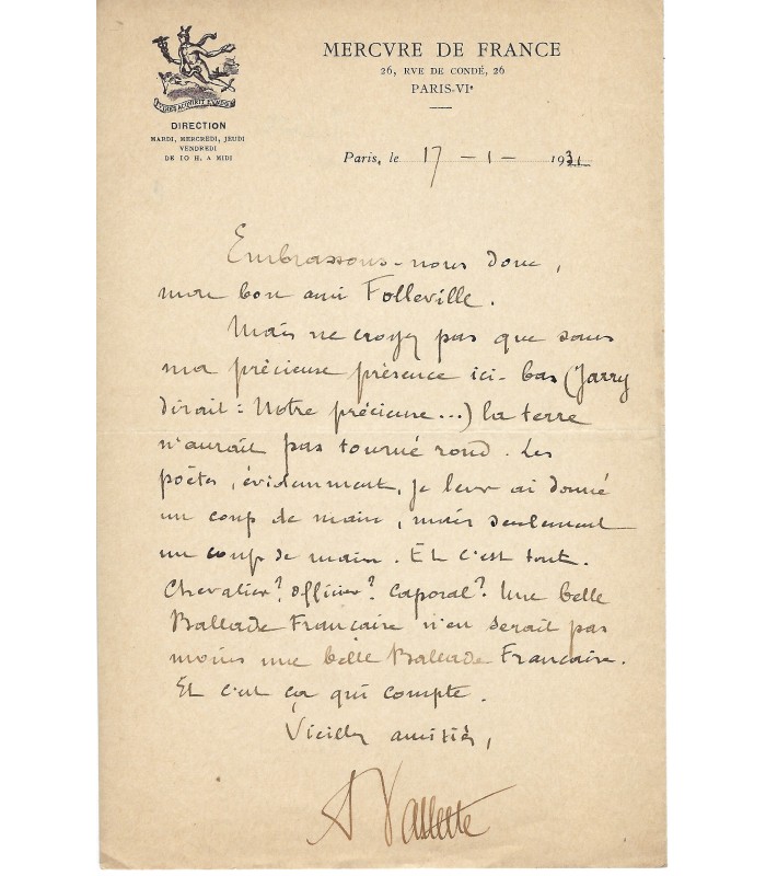 VALLETTE (Alfred), homme de lettres, éditeur. Lettre autographe (G 3484)