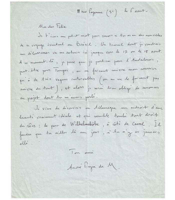 MANDIARGUES (André Piyere de). Ecrivain. Lettre au peintre surréaliste Félix Labisse (Réf. G 4498)