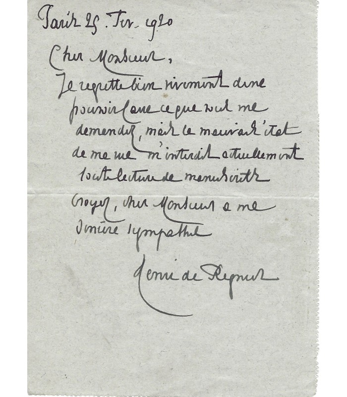 REGNIER (Henri de), poète et romancier. Lettre autographe (G 2529)