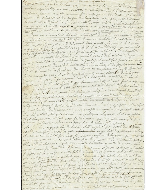 MOIGNO (Fr. Marie, abbé). Physicien. Manuscrit  sur l'astronome de l'Observatoire V. Mauvais (Réf. G 1546)