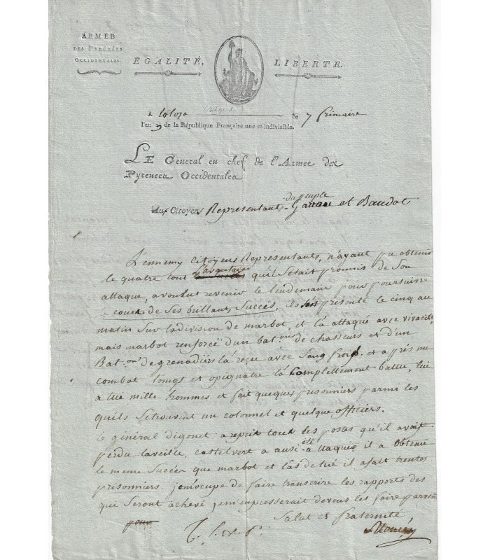 MONCEY (Bon Adrien Jeannot de). Général de la Révolution et Maréchal d'Empire. Lettre au citoyen Garrau (Réf. G 3530)