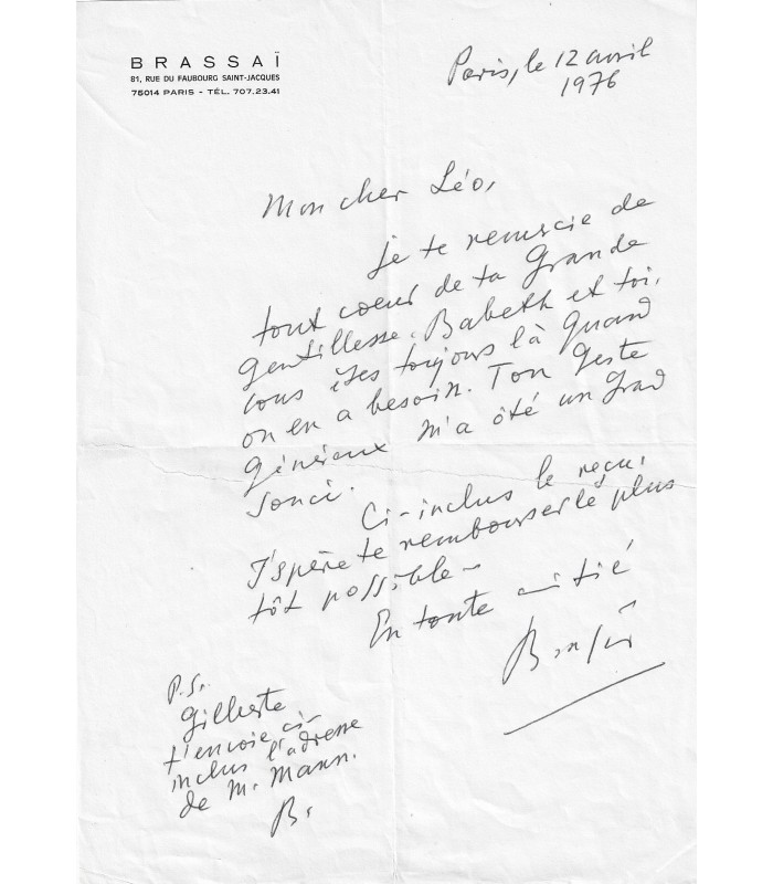 BRASSAÏ. Photographe. Lettre autographe, 12 avril 1976 (Réf. G 5381)