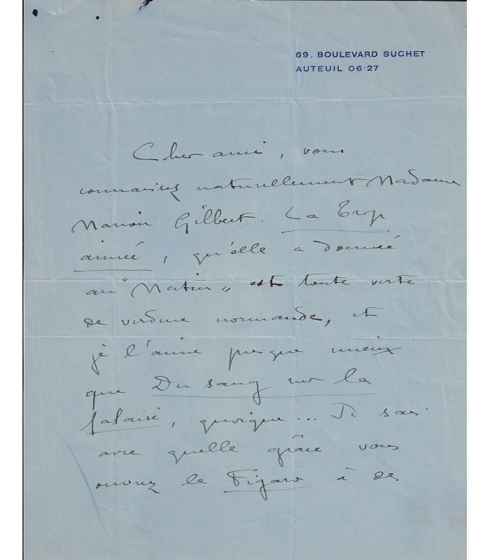 COLETTE, écrivaine. Lettre Autographe (G 3843)