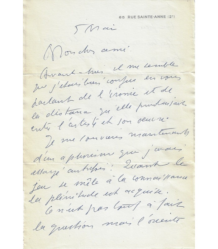 MASSON André, peintre surréaliste, illustrateur. Lettre autographe au philosophe Merleau-Ponty ( G 4366)