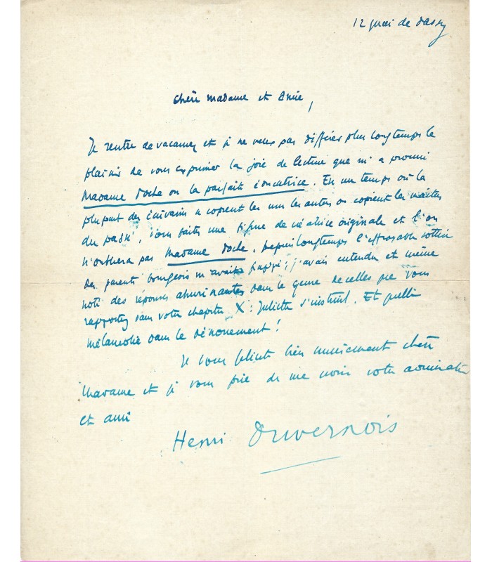 DUVERNOIS Henri, écrivain. Lettre autographe (E 10475)