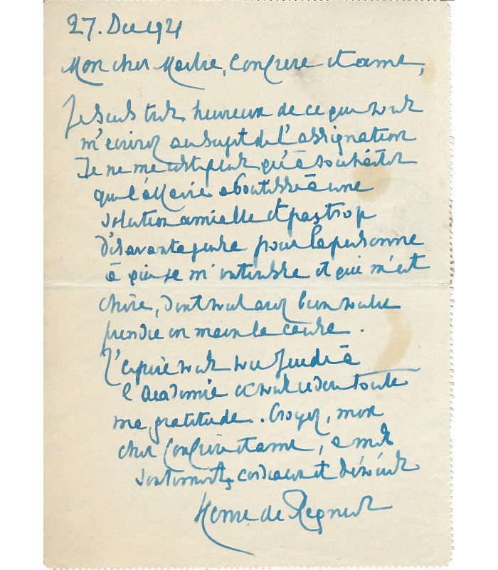 REGNIER (Henri de), poète. Lettre autographe (G 5580)