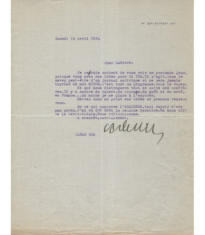 RIM Carlo, réalisateur, scénariste. Lettre dactylographiée signée (G 3346)