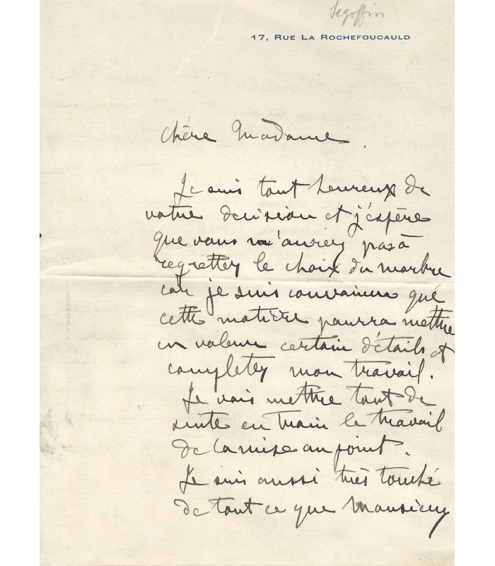 SEGOFFIN Victor, sculpteur. Lettre autographe (G 898)