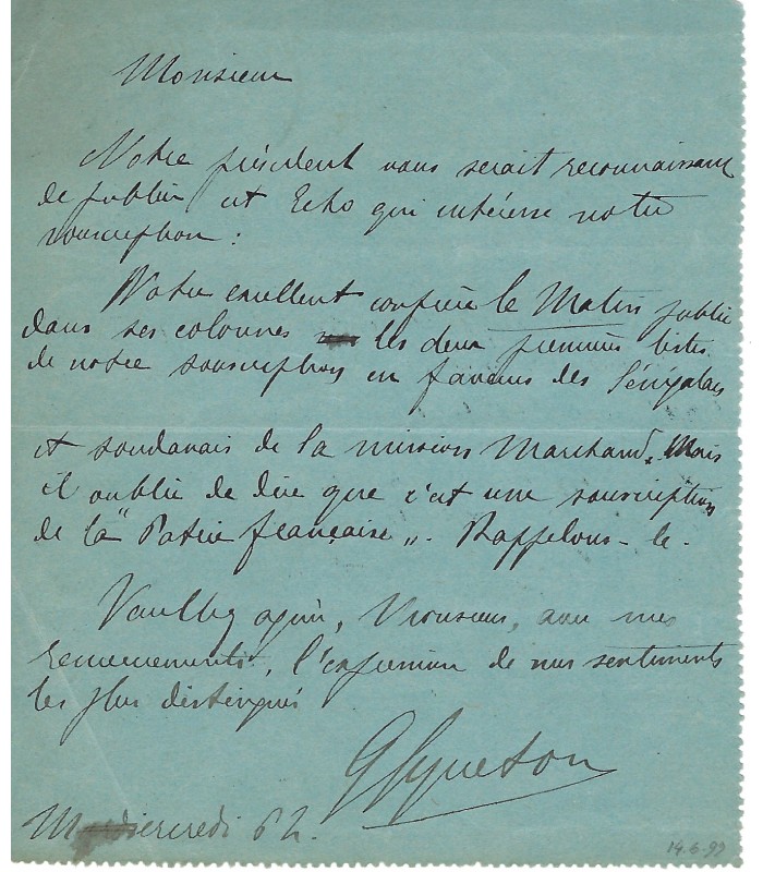 SYVETON Gabriel, homme politique, historien. Carte-lettre autographe (G 782)