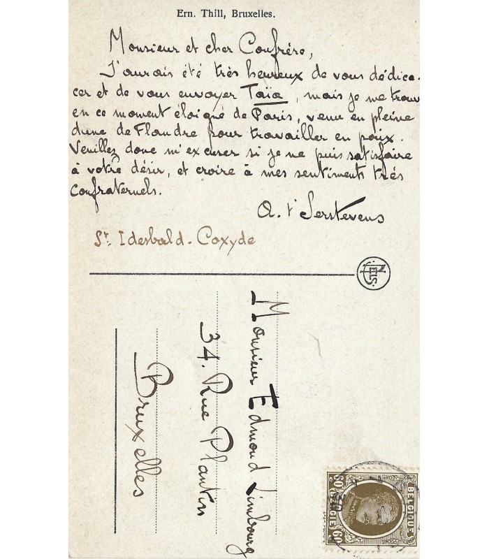 T'SERSTEVENS Albert, écrivain. Carte postale autographe (G 4531)