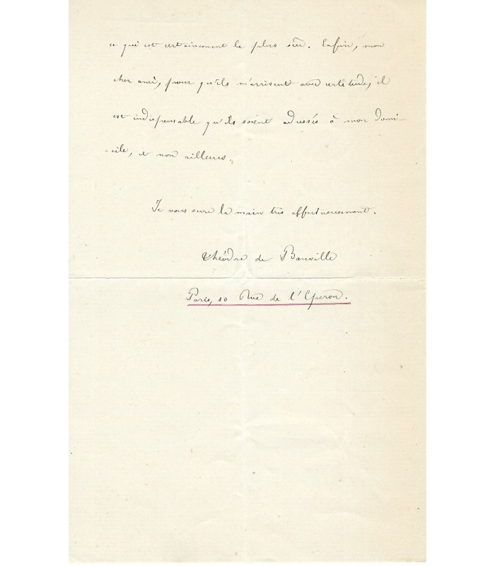 BANVILLE Théodore de, poète, dramaturge. Lettre autographe (G 382)