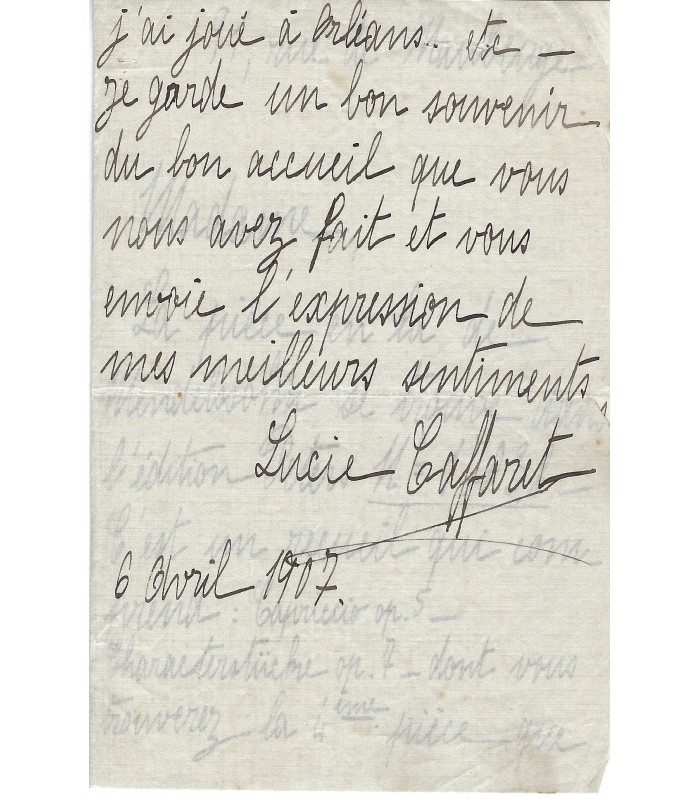 CAFFARET Lucie pianiste. Premier prix du conservatoire. Soliste dans l'orchestre Colonne.  Lettre autographe (E 10295)