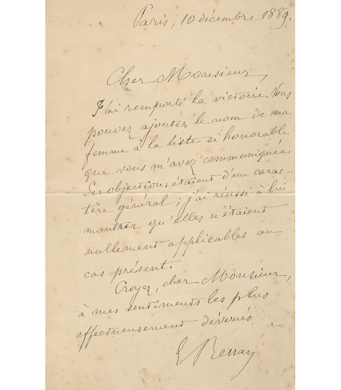 RENAN Ernest, écrivain, philosophe. Lettre autographe (G 3597)