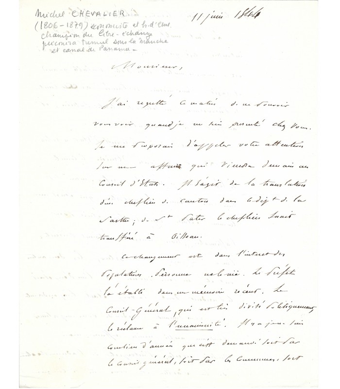 CHEVALIER Michel, économiste, homme politique. Lettre autographe (G 439).