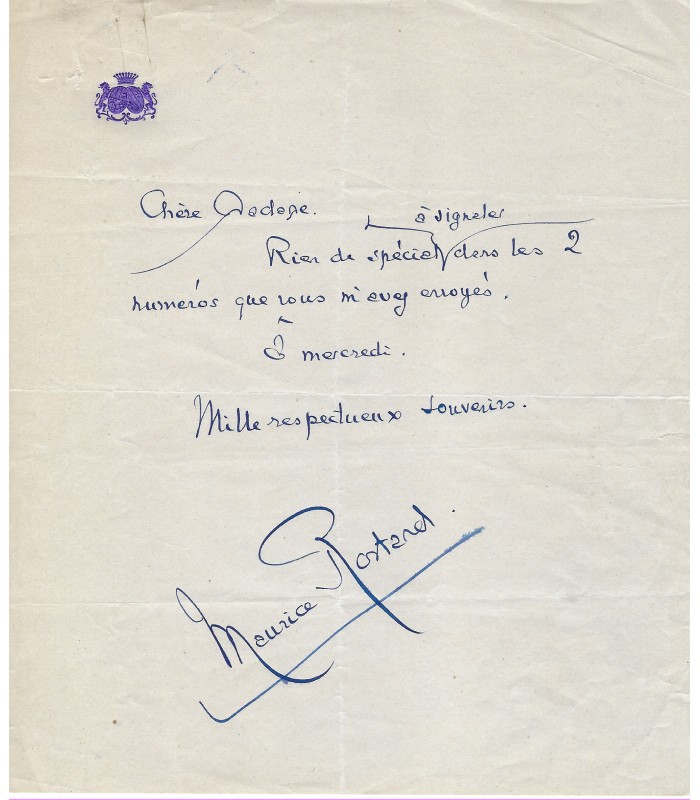 ROSTAND Maurice, écrivain. Lettre autographe (G 4704).