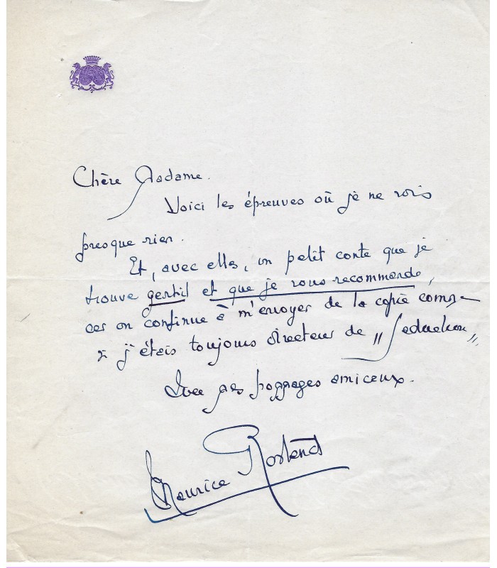 ROSTAND Maurice, écrivain. Lettre autographe (G 4704).