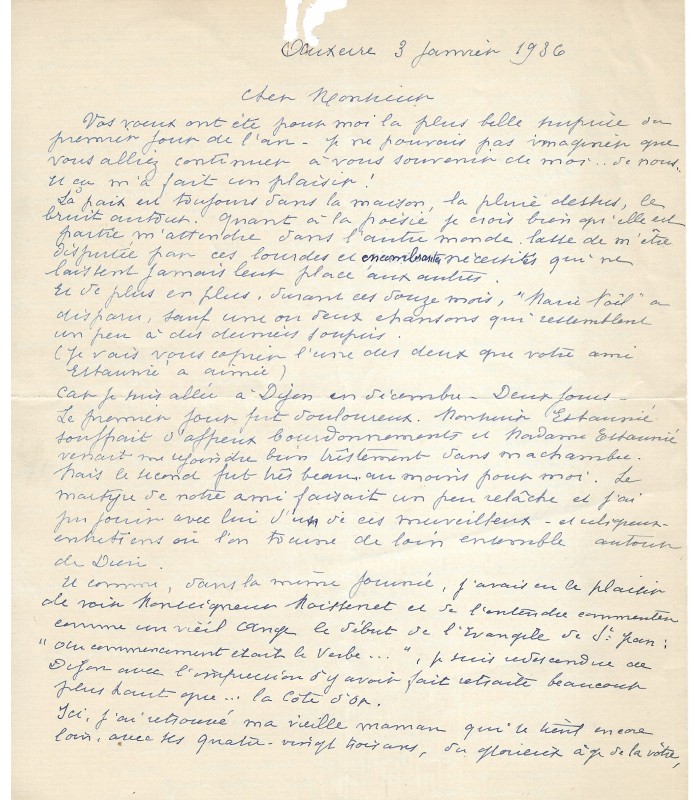 NOEL Marie, poétesse, surnommée "La Fauvette d'Auxerre". Lettre de voeux (Réf. G 2606)