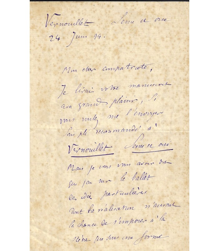 BOURGAULT-DUCOUDRAY (Louis-Albert). Compositeur, Chef d'orchestre. Lettre autographe, 1899 (Réf. G 2443)