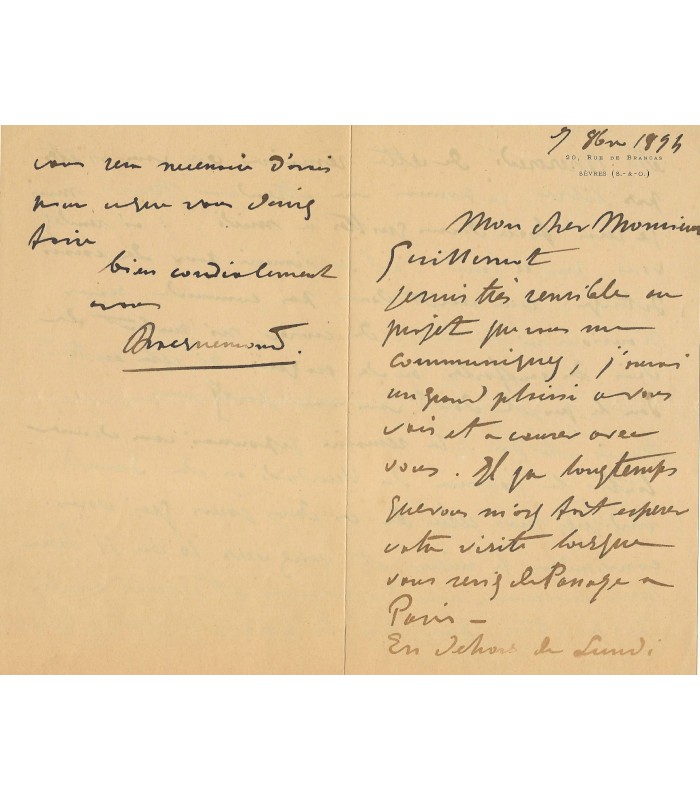 BRACQUEMEOND (Félix). Graveur à l'eau-forte. Directeur de la Manufacture de Sèvres. Lettre autographe, 1894 (Réf. G 172)