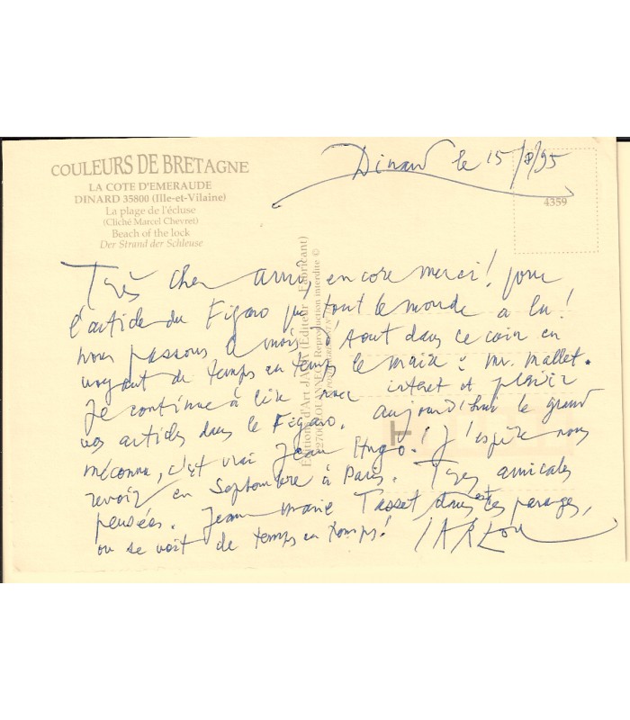 CARZOU (Jean). Peintre et lithographe. Carte postale autographe (Réf. G 5612)