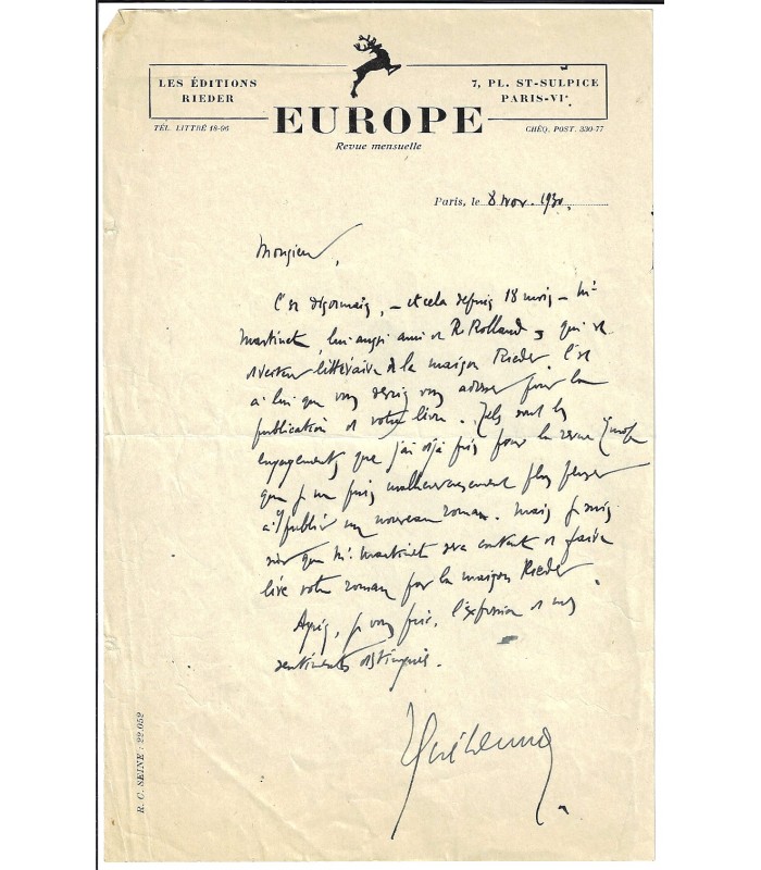 GUEHENNO (Jean). Esssayiste. Lettre autographe, 1930 (Réf. E 10490)