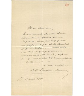 LARONCIERE LE NOURY (Camille, baron Clément de). Amiral. Commandant des Forts de Paris. Lettre autographe, 1870 (Réf. G 147)