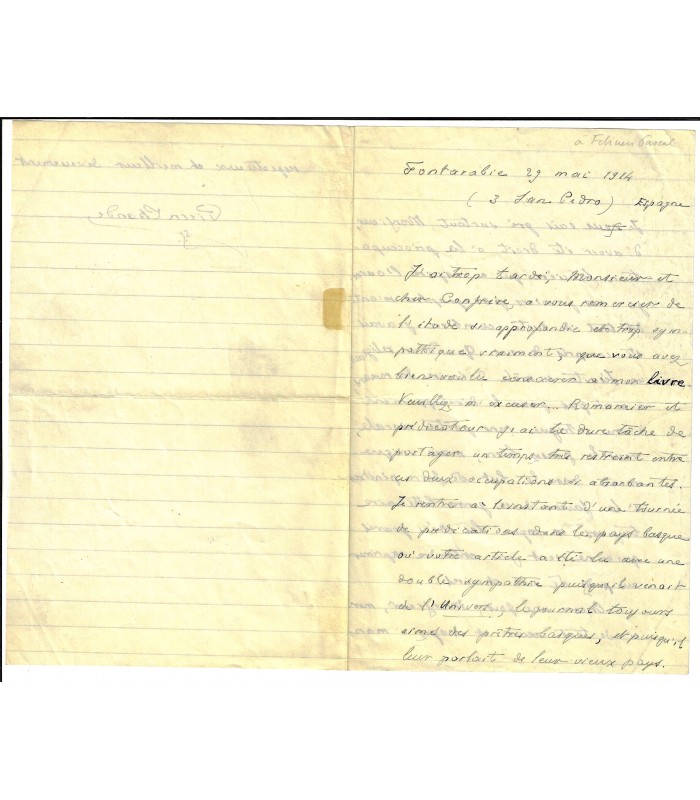 LHANDE (Pierre). Prêtre, romancier, traducteur, Spécialiste du Pays basque. Lettre autographe, 1914  (Réf. G 5618)