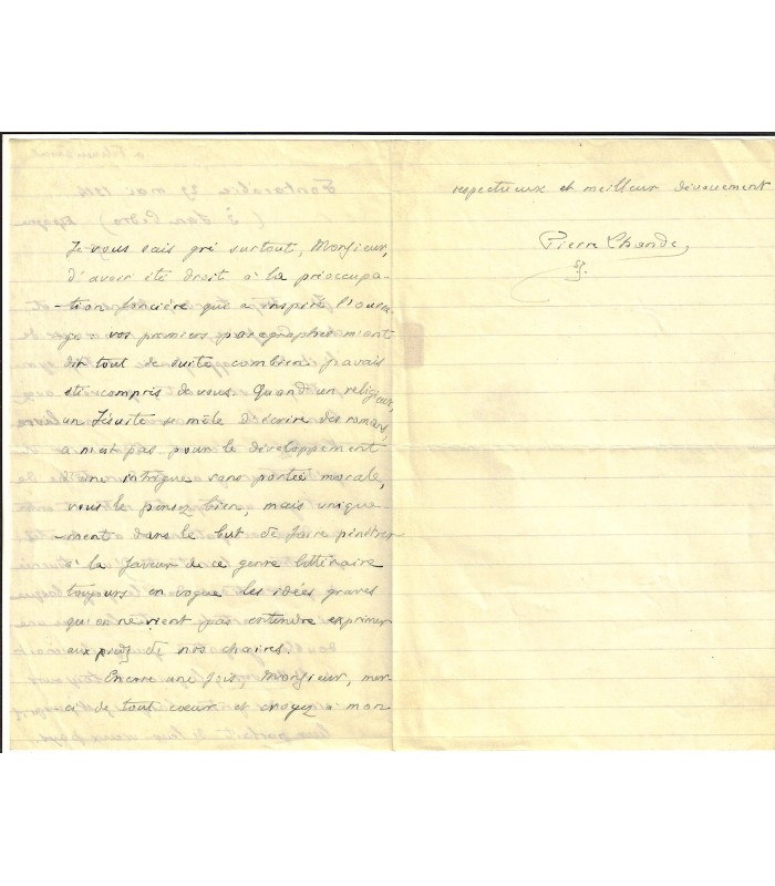 LHANDE (Pierre). Prêtre, romancier, traducteur, Spécialiste du Pays basque. Lettre autographe, 1914  (Réf. G 5618)