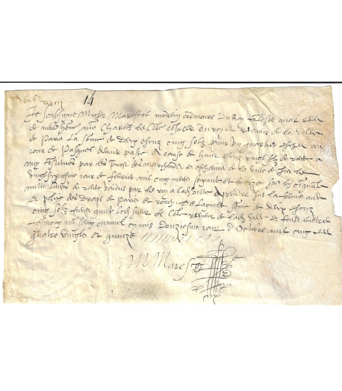 MARESCOT (Michel). Médecin d'Henri IV.  Pièce autographe (E 10507)